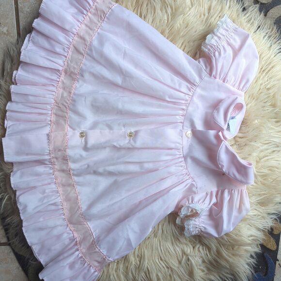 Vintage Bryan Pale Pink Lace 2T Pinafore Ruffle Short Sleeve Christening Dress - Picture 7 of 11